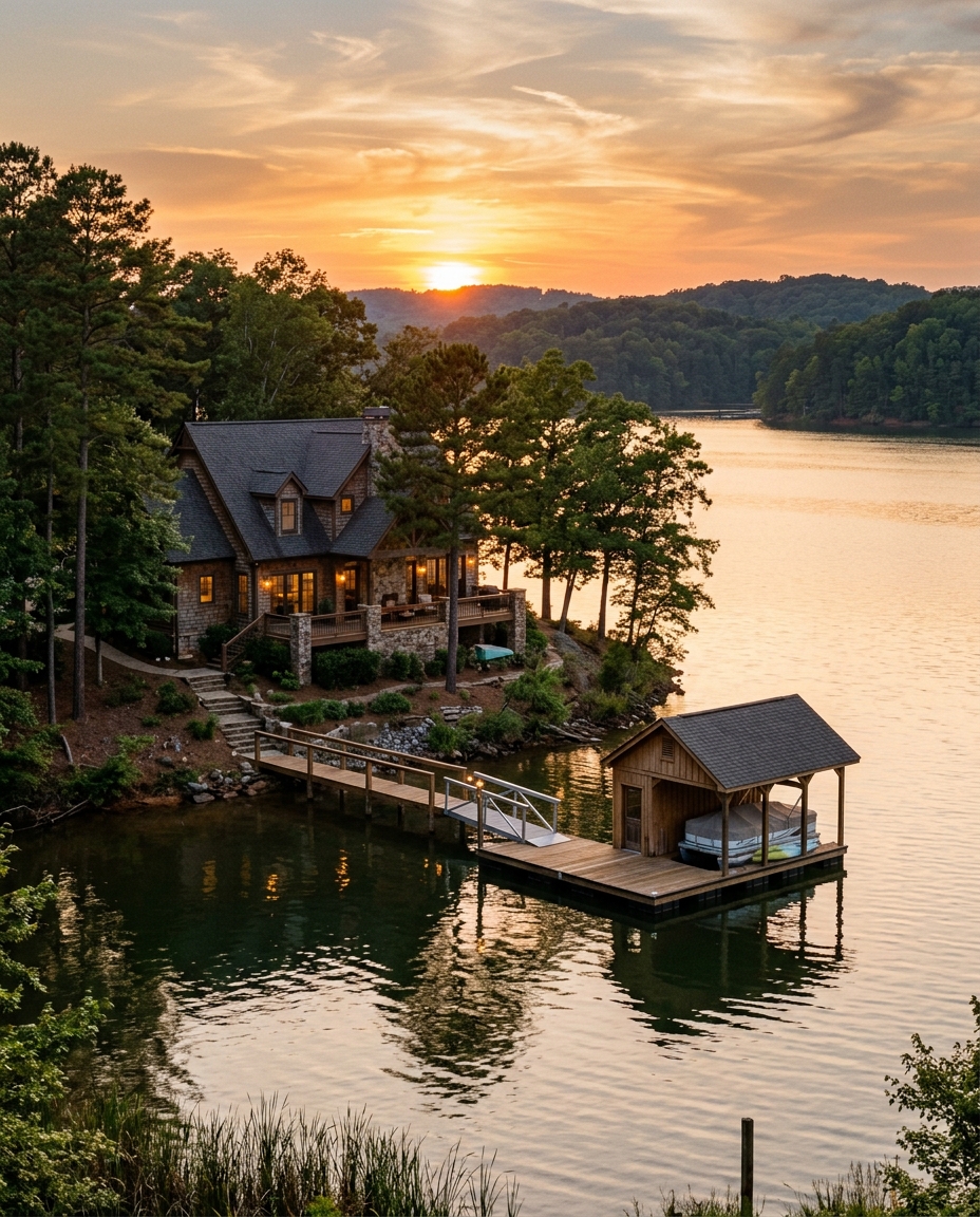 Editorial photo of Acworth GA lakefront home at sunset