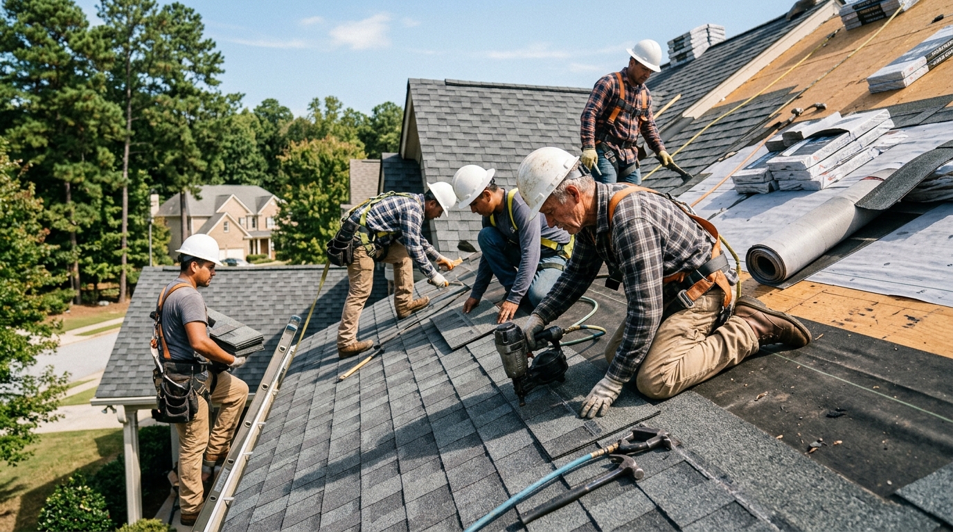 Editorial photograph of a Georgia roofing crew on a sloped Cobb County residential job site