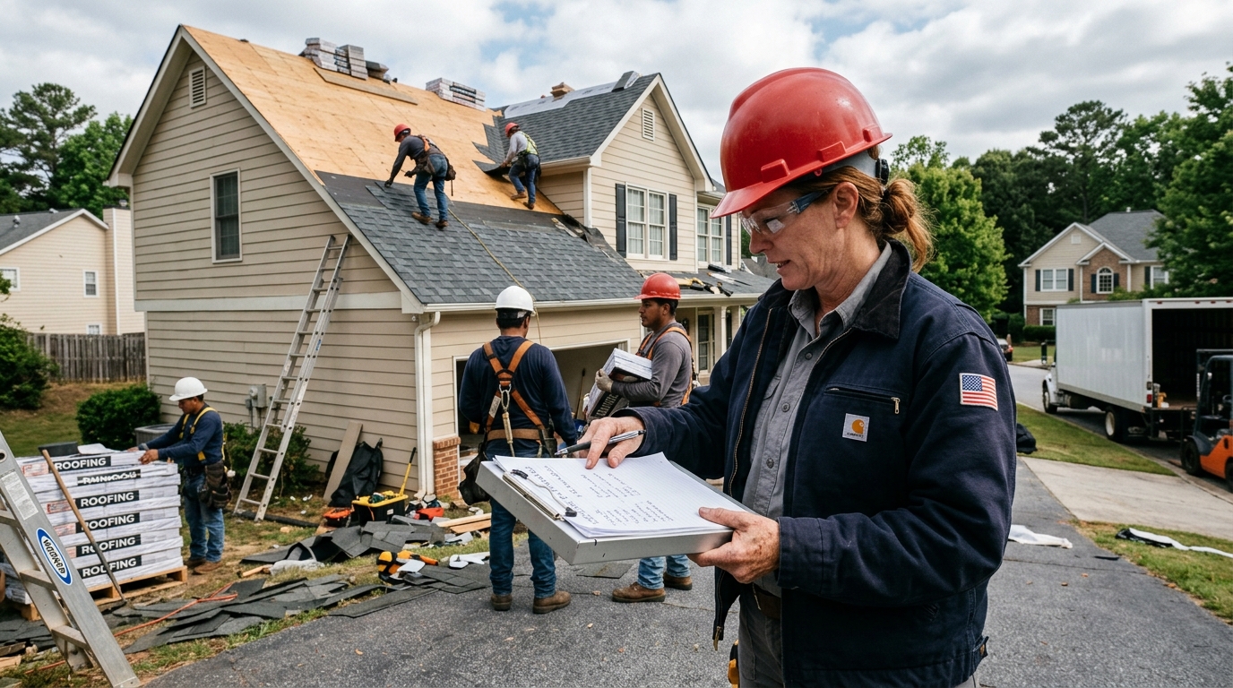 Editorial photograph of a Georgia roofing contractor reviewing written material lists with a clipboard on-site