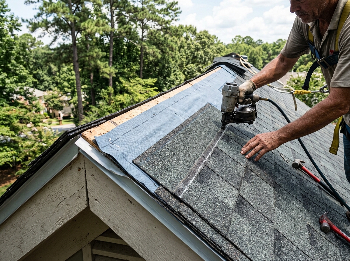 Close-up editorial photograph of new asphalt shingles being installed on a Cobb County residential roof