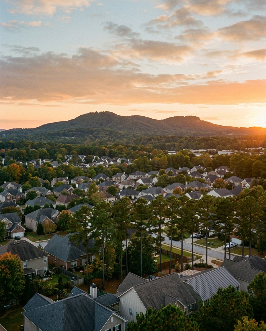 Editorial photo of Kennesaw GA residential rooftops at golden hour
