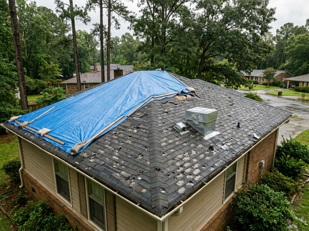 Storm-damaged residential roof in Cobb County Georgia with emergency tarp