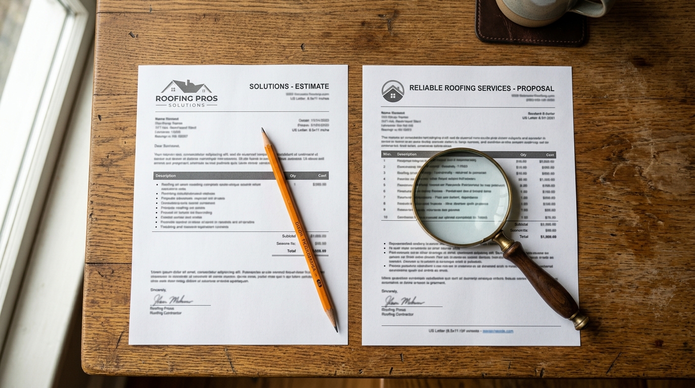 Two paper contractor bids side-by-side, compared with orange pencil and magnifying glass