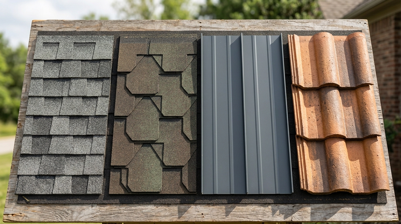 Material collage of asphalt shingle, metal coil, slate, and underlayment representing building-material pricing in Georgia