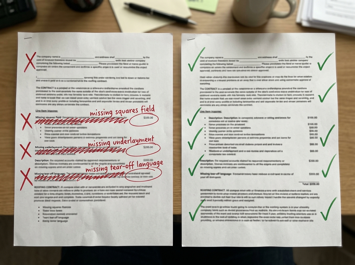 Editorial illustration of a quote-review redflags checklist pinned to a cork board
